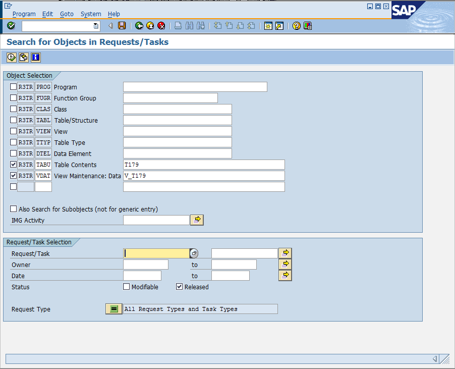 Transaction SE03: Transport Organizer Tools Input Screen