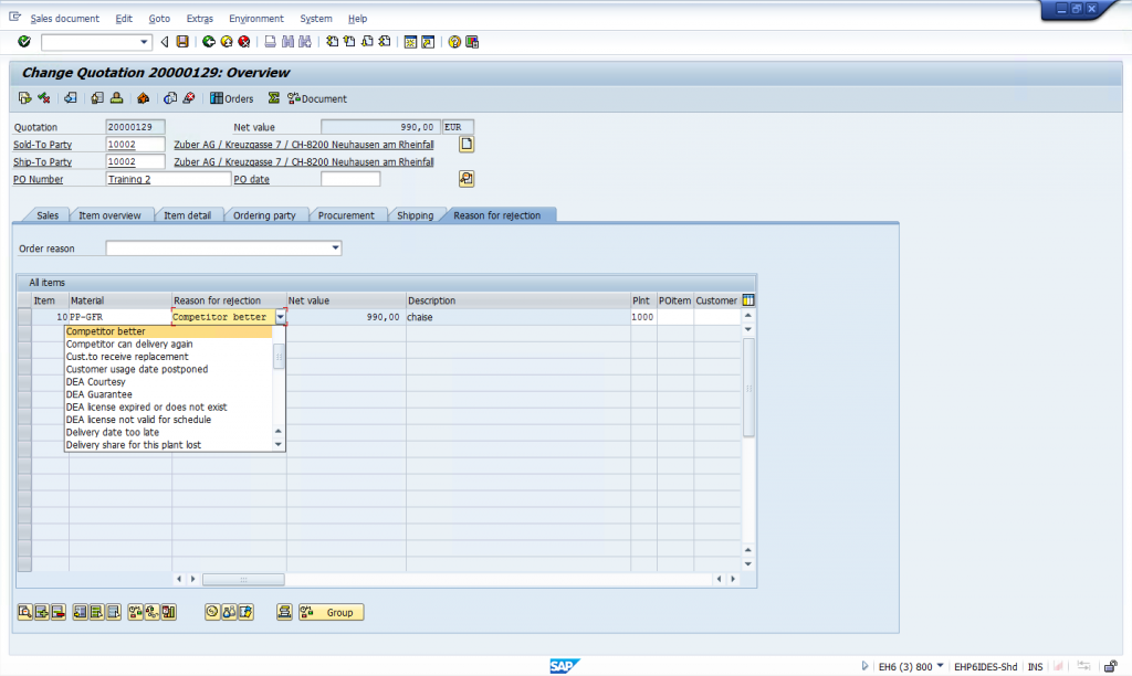 VA22 - Reject an item in a sales quotation by setting a reason for rejection