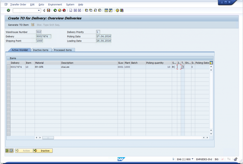 LT03 - Create Transfer Order for Picking Outbound Delivery