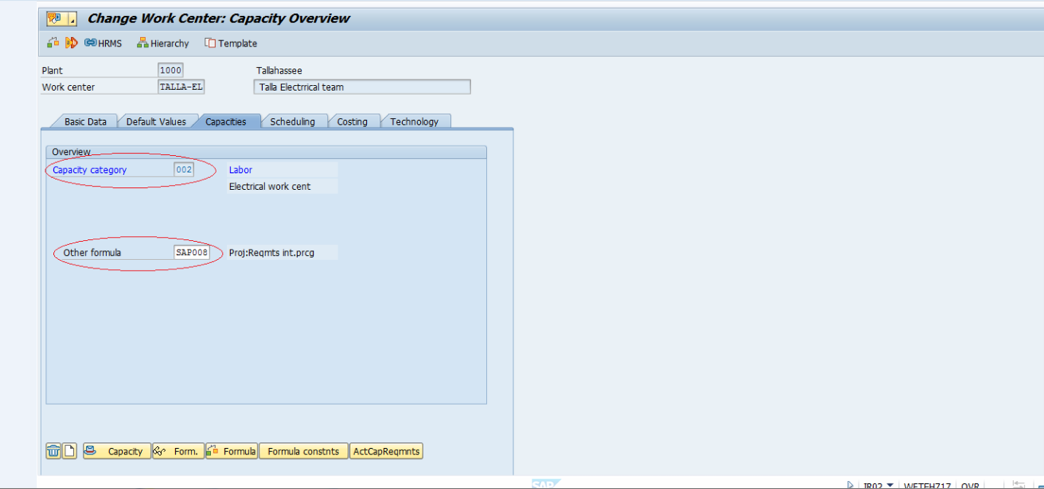 SAP Create Work Center - Capacities