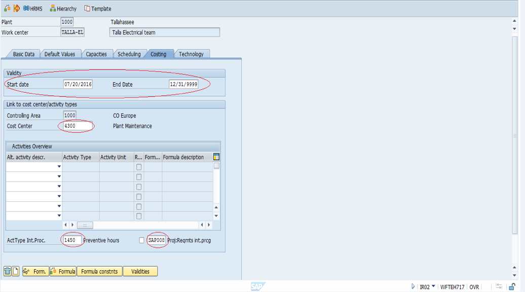 Create SAP PM Work Center - Costing