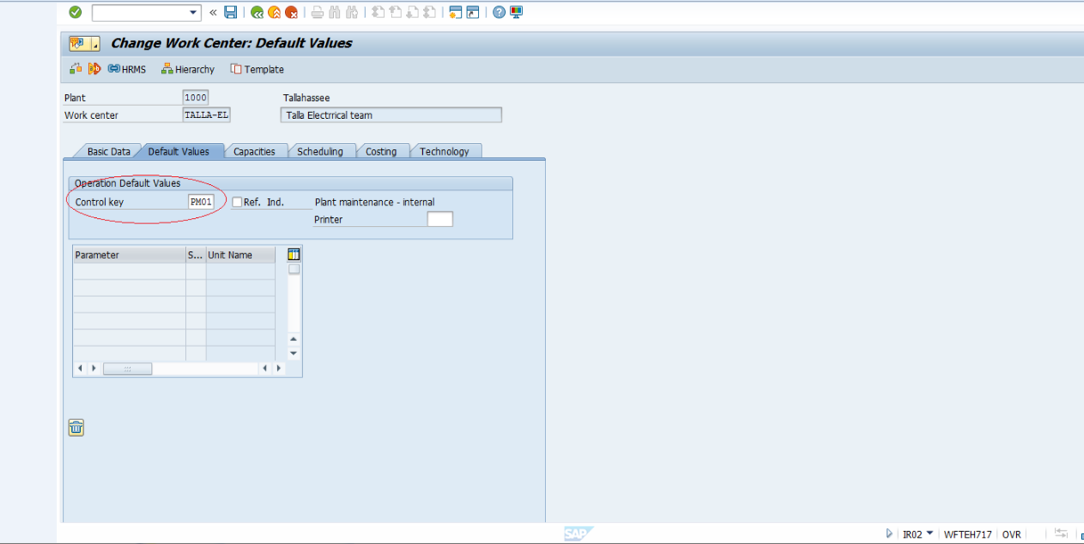 SAP Create Work Center - Default Values