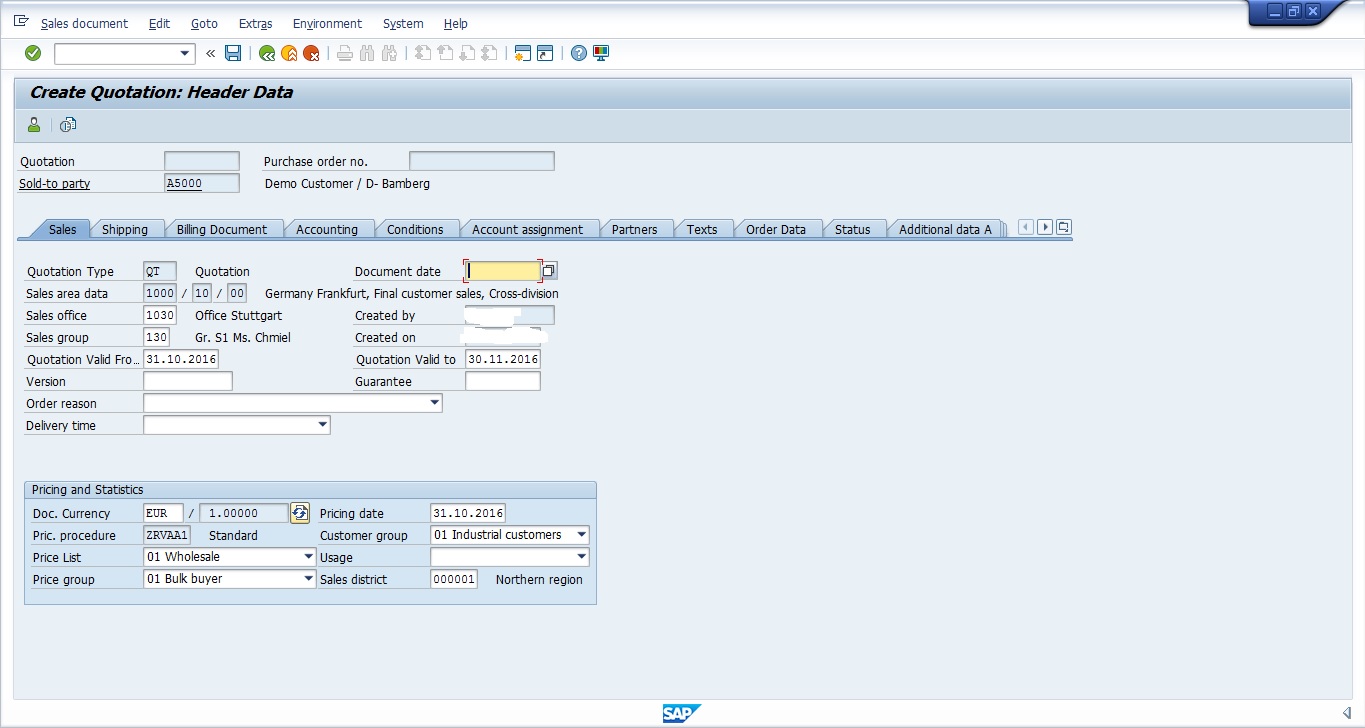 SAP SD Quotation - Header