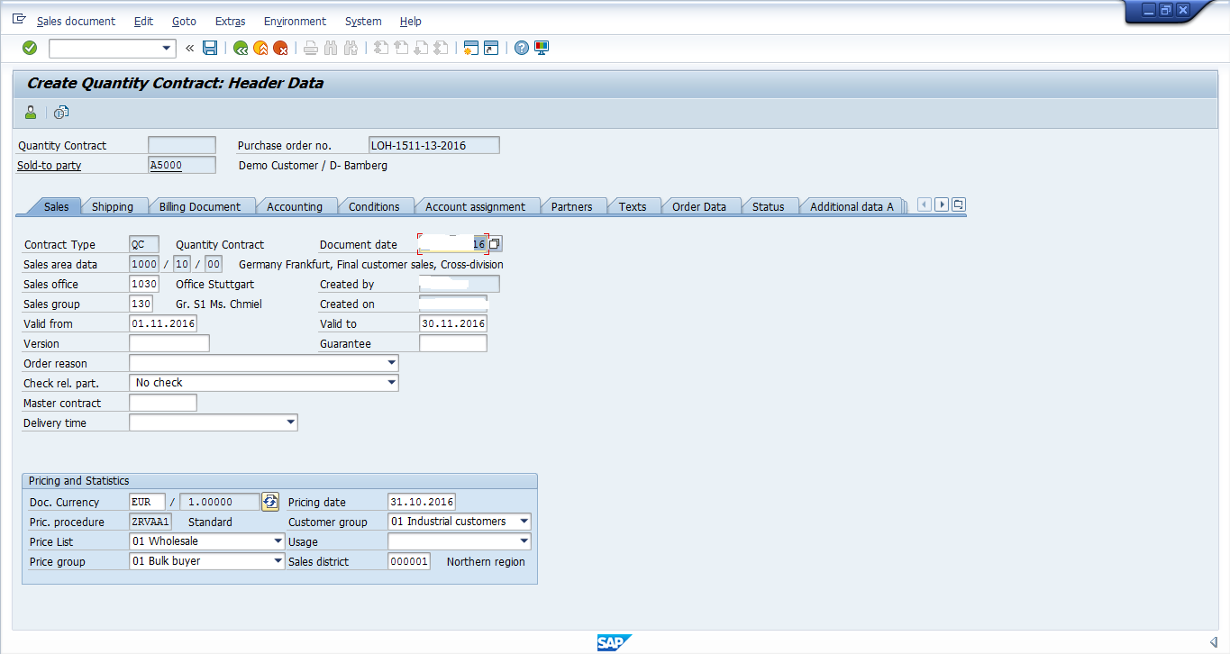 Sales Data in SAP SD Contract Header