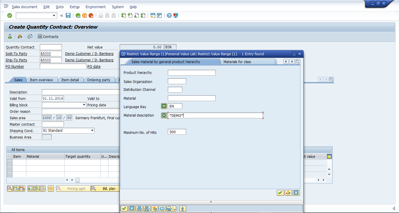 Search for Materials to Populate Items of the Contract