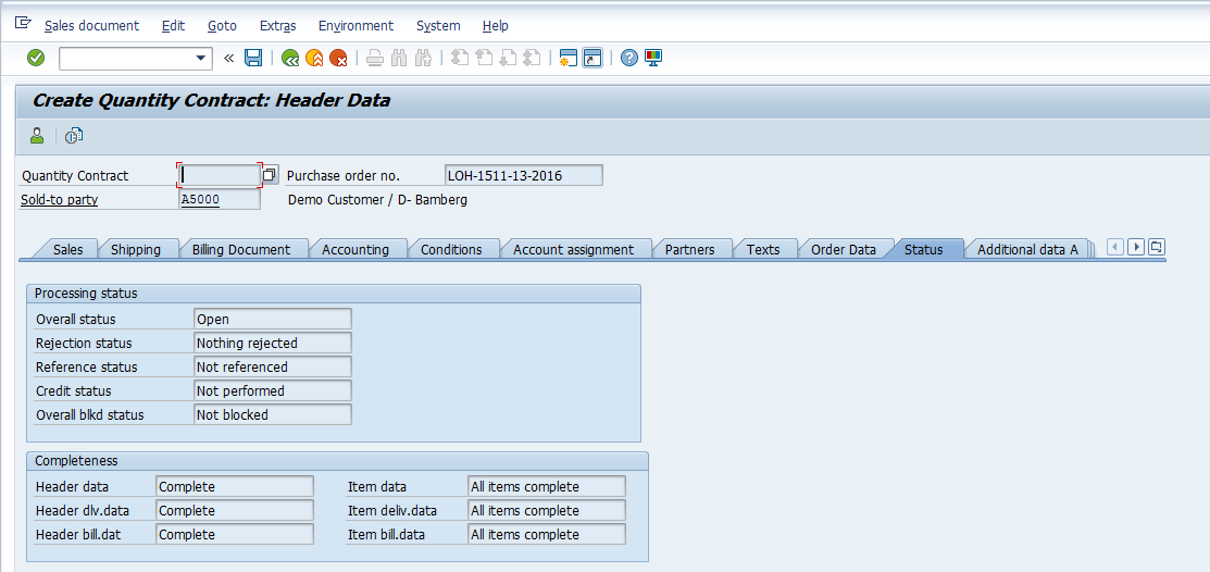 Status Screen of SAP Contract Header