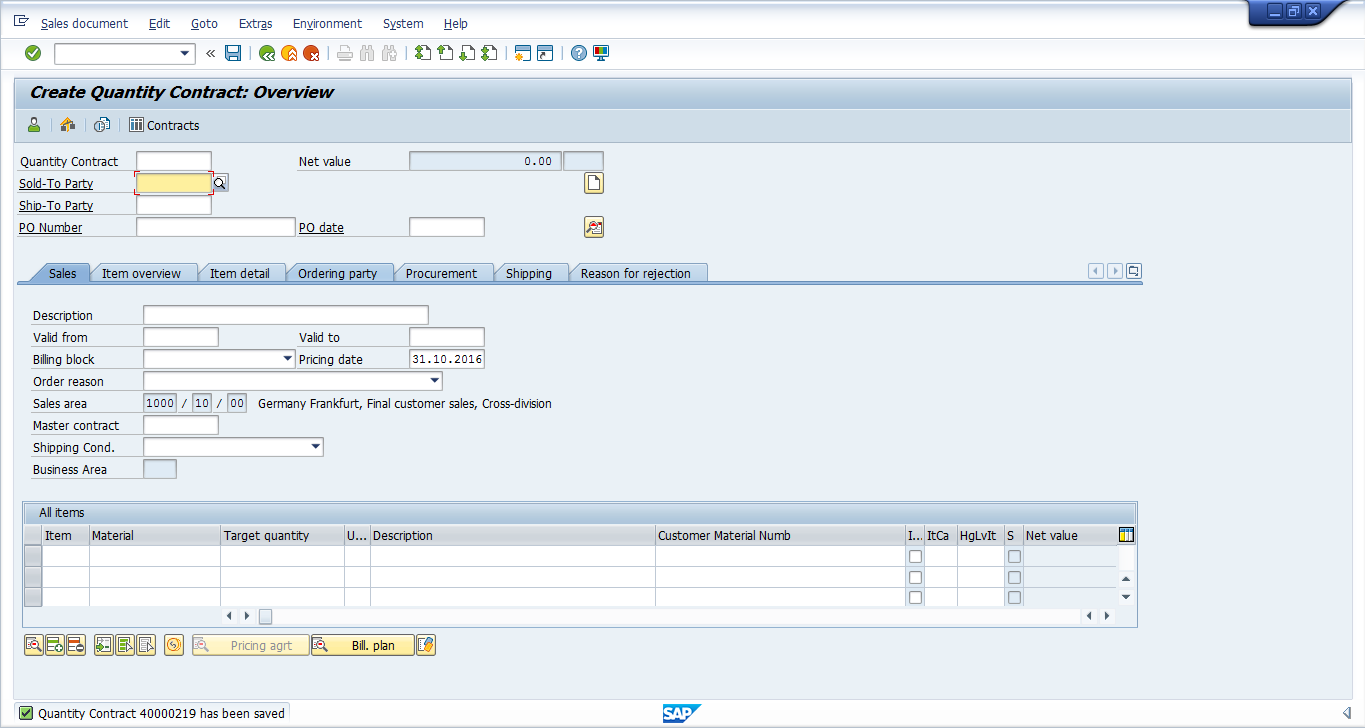 SAP SD Contract was Successfully Saved