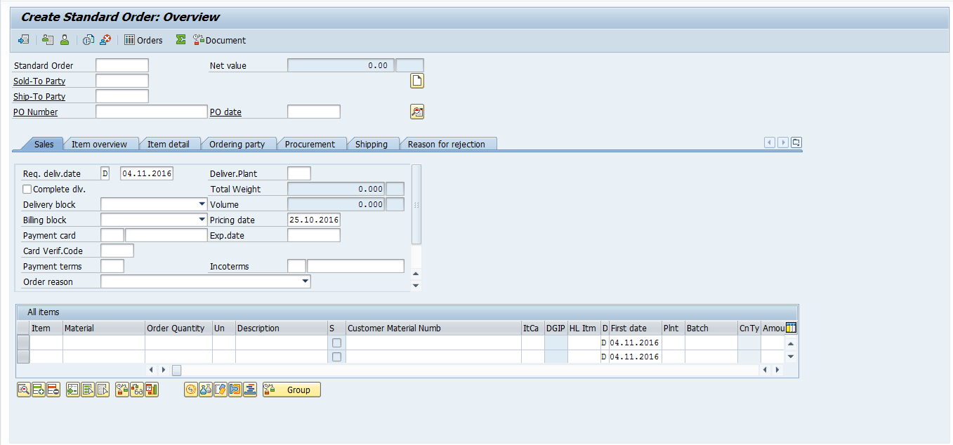 Create Standard SAP Order