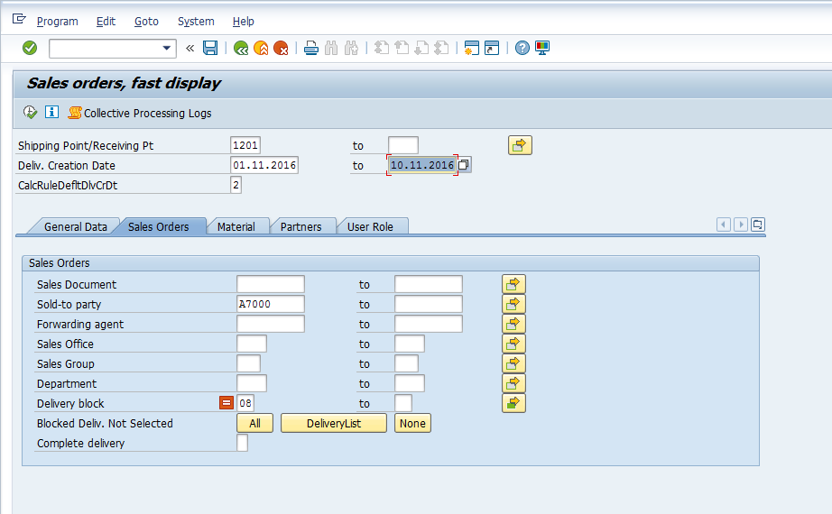 SAP Delivery Monitor Initial Screen