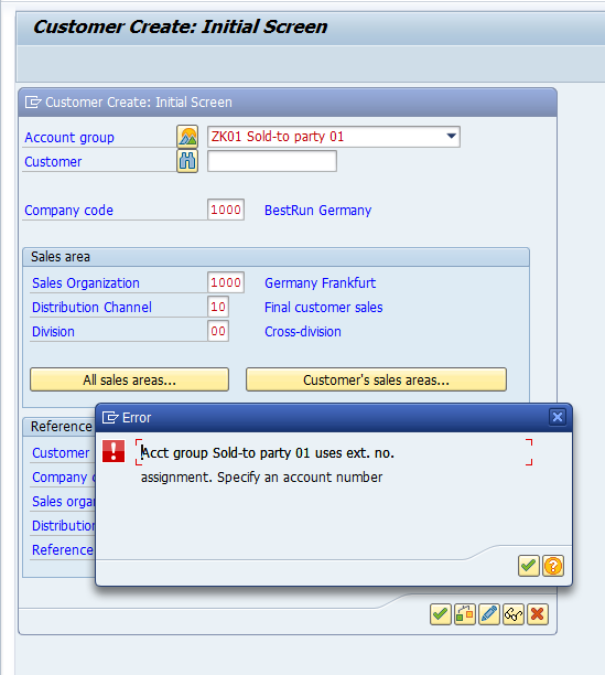 Customer Master - Initial Screen; System’s Error message when Customer Number is not populated