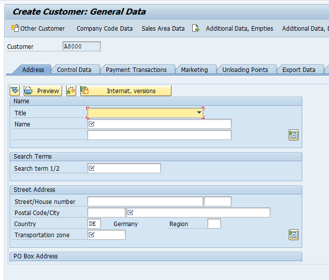 Customer Master – General Data > Address