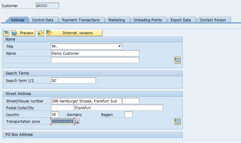 Customer Master – General Data > Address