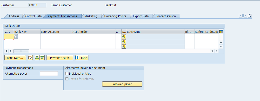 Customer Master – General Data > Payment Transactions (Bank Data)
