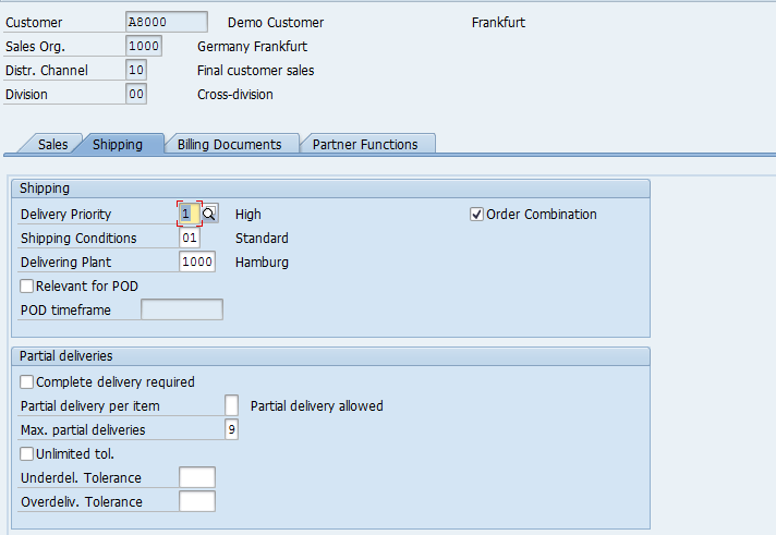 Customer Master – Sales Area Data > Shipping