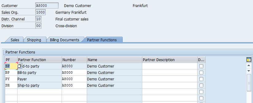 Customer Master – Sales Area Data > Partner Functions