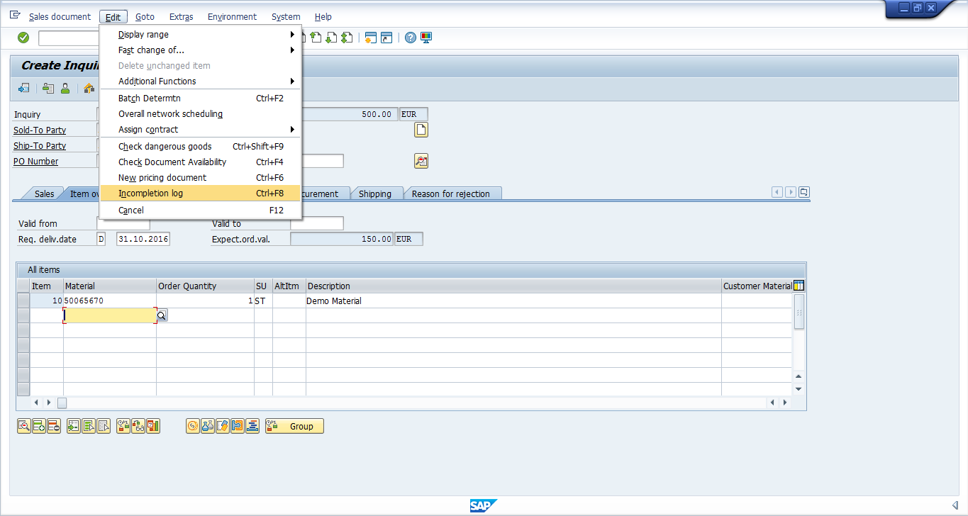 SAP SD Inquiry - Incompletion Log