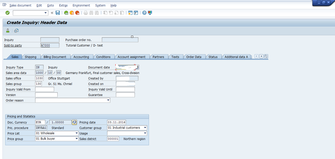 SAP SD Inquiry - Sales Header Data