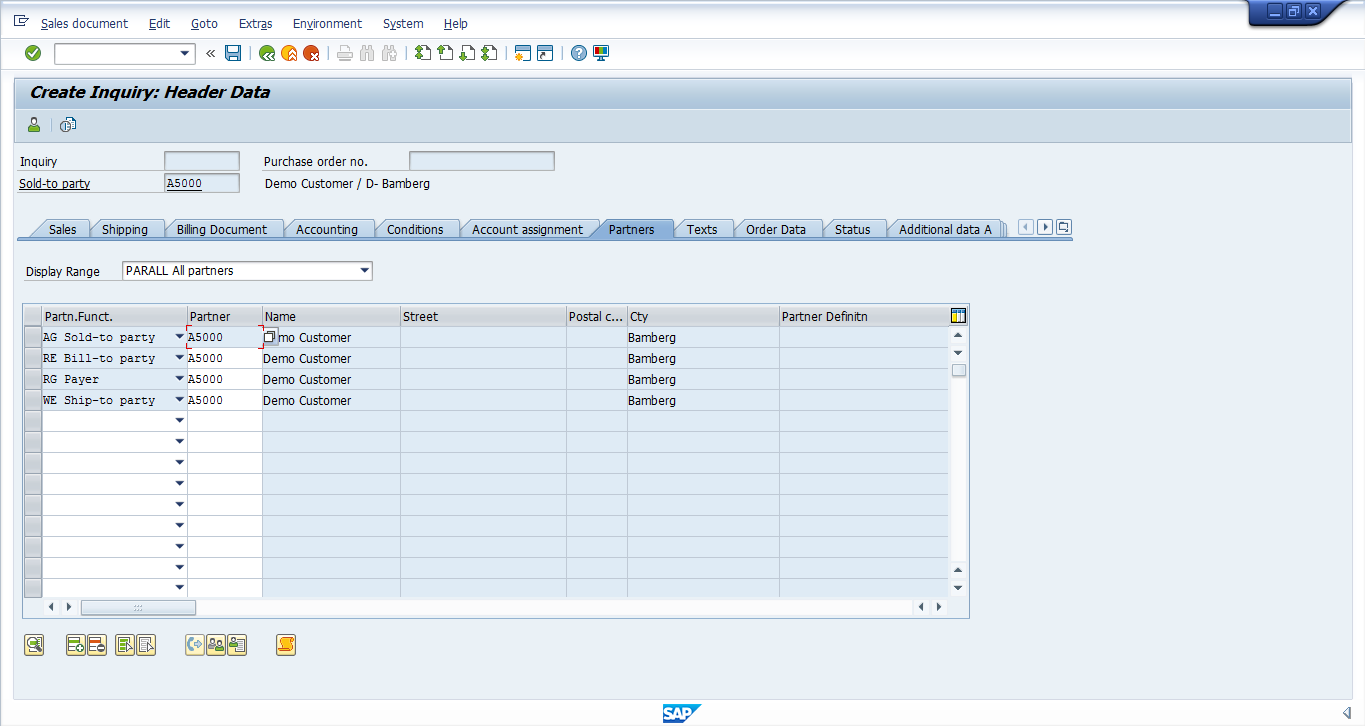 SAP SD Inquiry - Header Partners