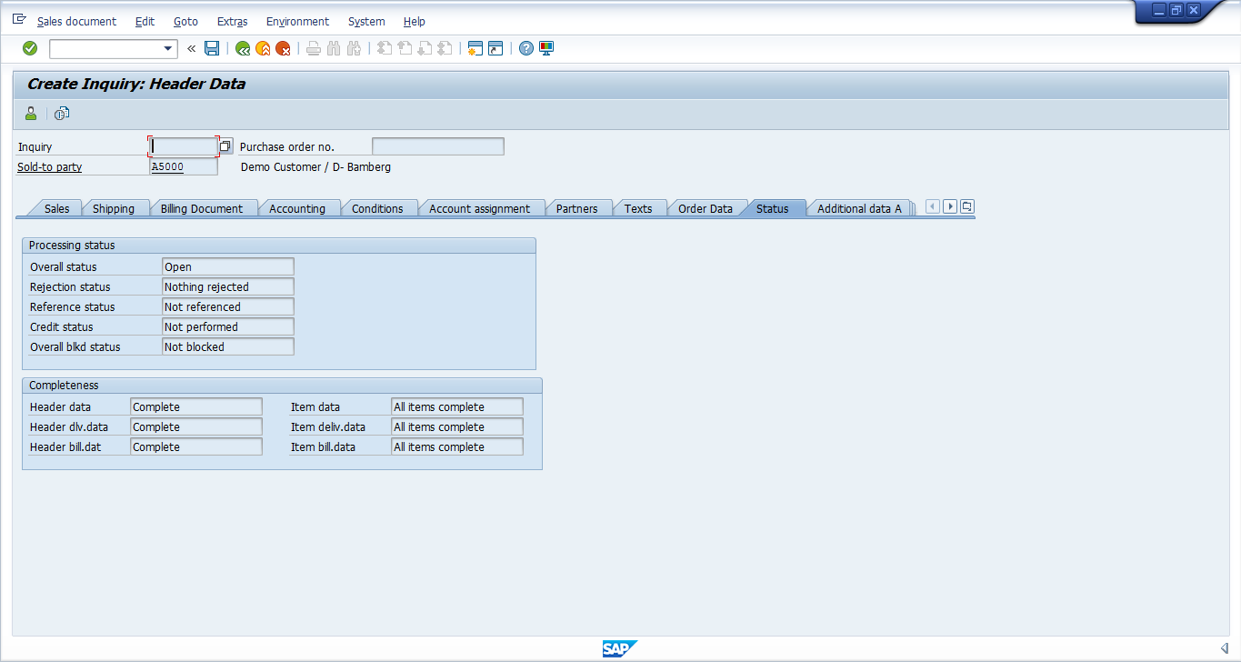 SAP SD Inquiry - Header Status Tab