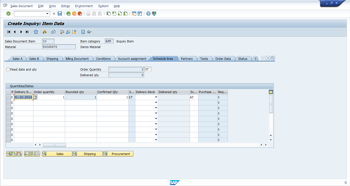 Schedule Lines of an Item in an Inquiry