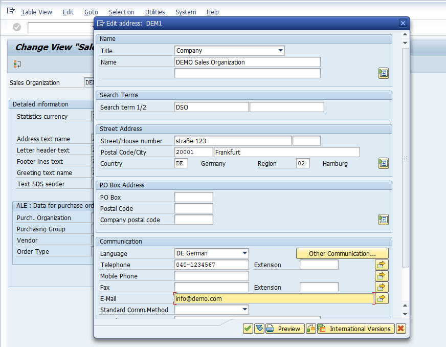 Sales Organization Configuration – Define Sales Organization > Customizing > Details