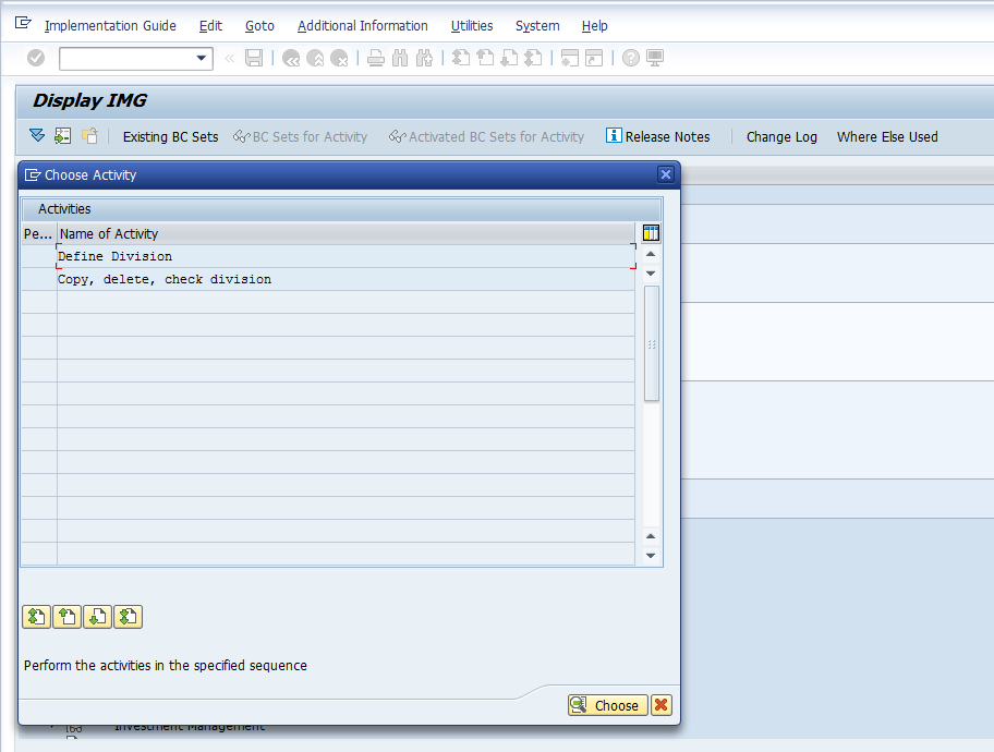 Division Configuration – Defining Division - Choose Activity