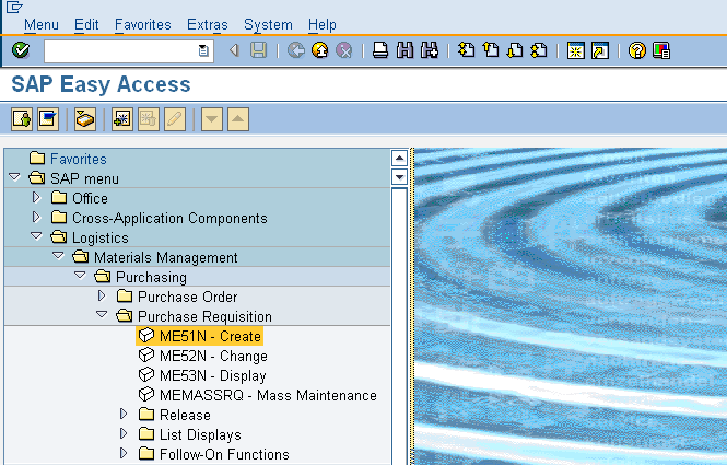 Caminho de menu para criar uma requisição de compra