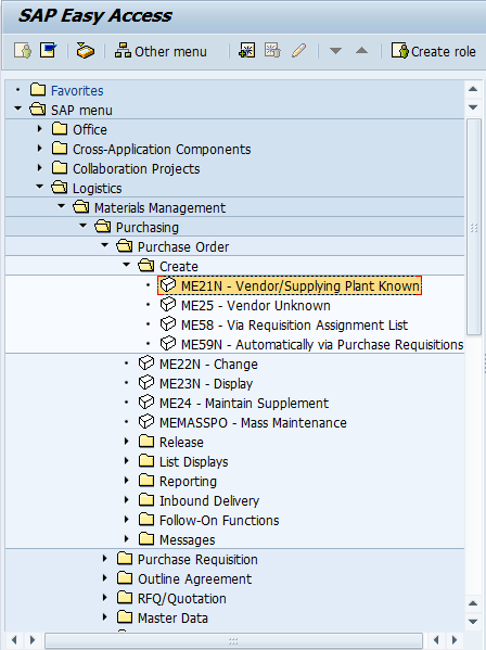 SAP Menu Caminho para Criar uma Ordem de Compra