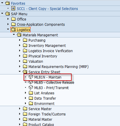 Vía del menú SAP para realizar la entrada de servicios