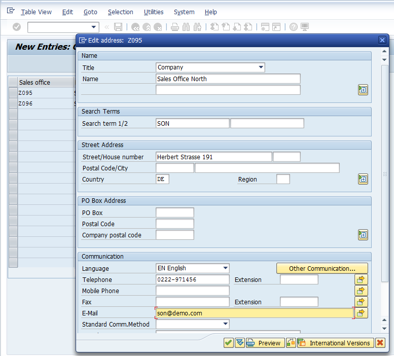 Sales Office Configuration – Defining Sales Office > New Entries > Sales Office Details (Example)