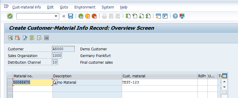 SAP Customer-Material Info Record - Entry Screen