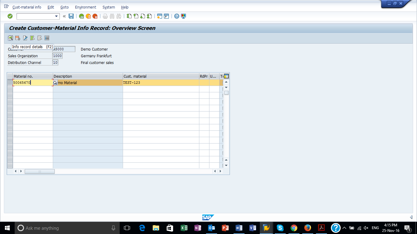 SAP Customer-Material Info Record - Entry Screen
