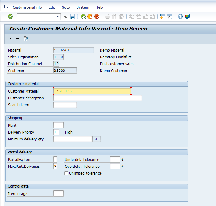 SAP Customer-Material Info Record – Info Record Details Entry Screen