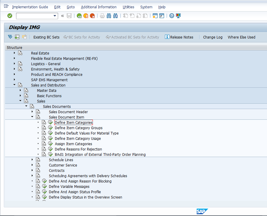 Sales and Distribution > Sales > Sales Documents > Sales Document Item > Define Item Categories