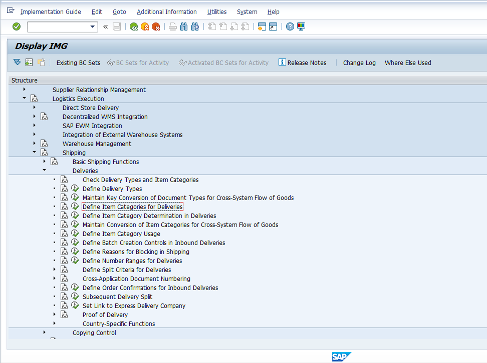 Logistics Execution > Shipping > Deliveries > Define Item Categories for Deliveries