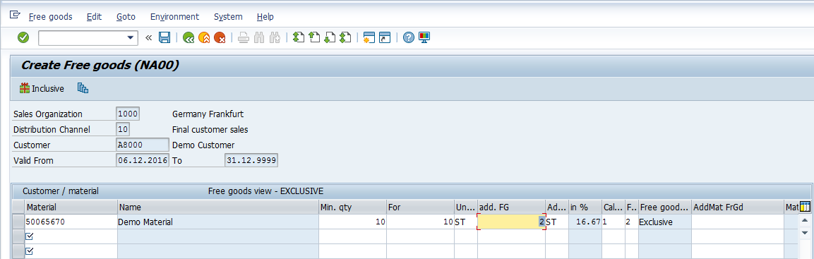 Pricing Conditions Master Data - Entry Screen > Free Goods (Sample Data)