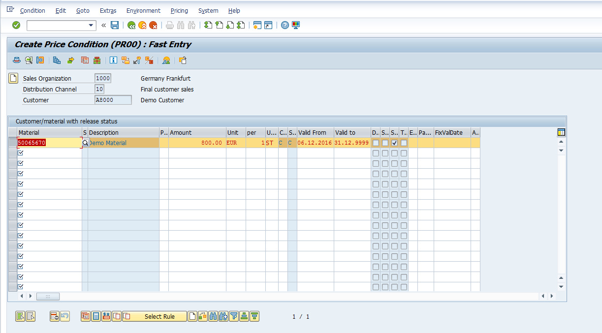 Pricing Conditions Master Data - Entry Screen > Additional Options / Buttons (at the bottom of the screen)