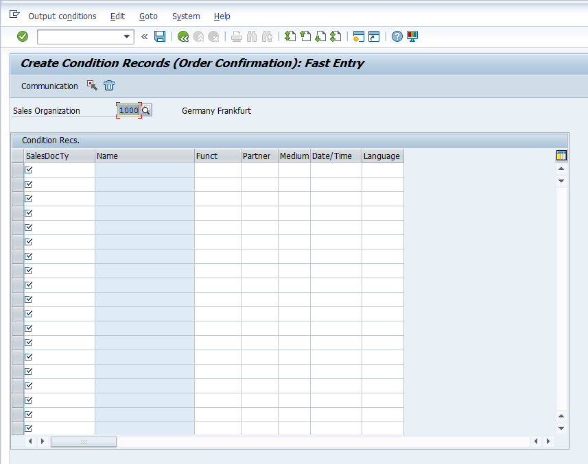 Output Master Data - Entry Screen