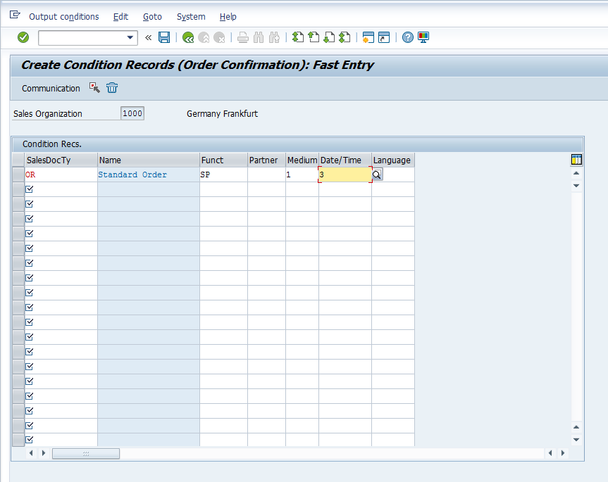 Output Master Data - Entry Screen - Sample Data