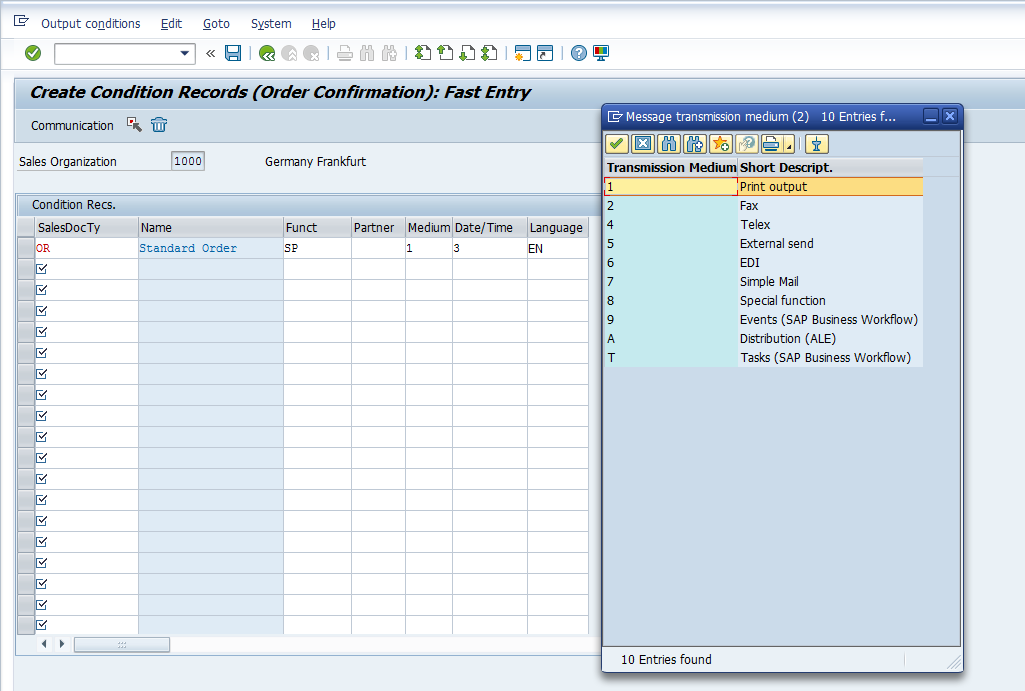 Output Master Data - Entry Screen > Medium Options