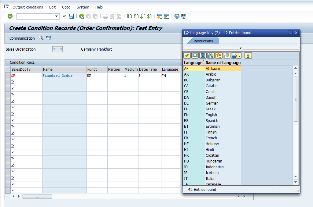 Output Master Data - Entry Screen > Language Options