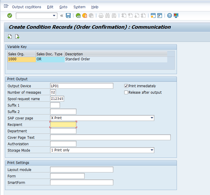 Output Master Data - Entry Screen > Communications