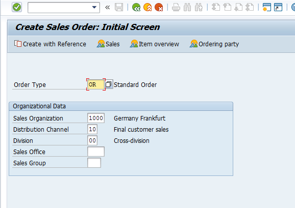 Create Sales Order – Order Type Selection Screen