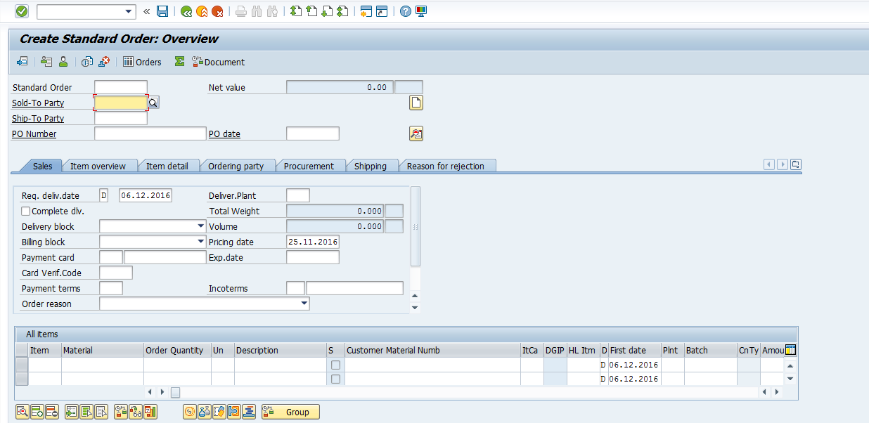 Create Sales Order – Order Entry Screen