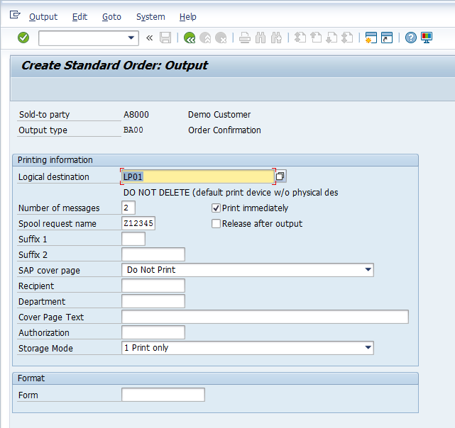 Create Sales Order – Order Entry Screen > Extras > Output > Header > Edit > Communication Method Details