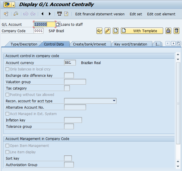 Creation of G/L Account at Company Code Level (Control Data Tab)