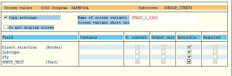 Screen Values for the New Transaction Variant