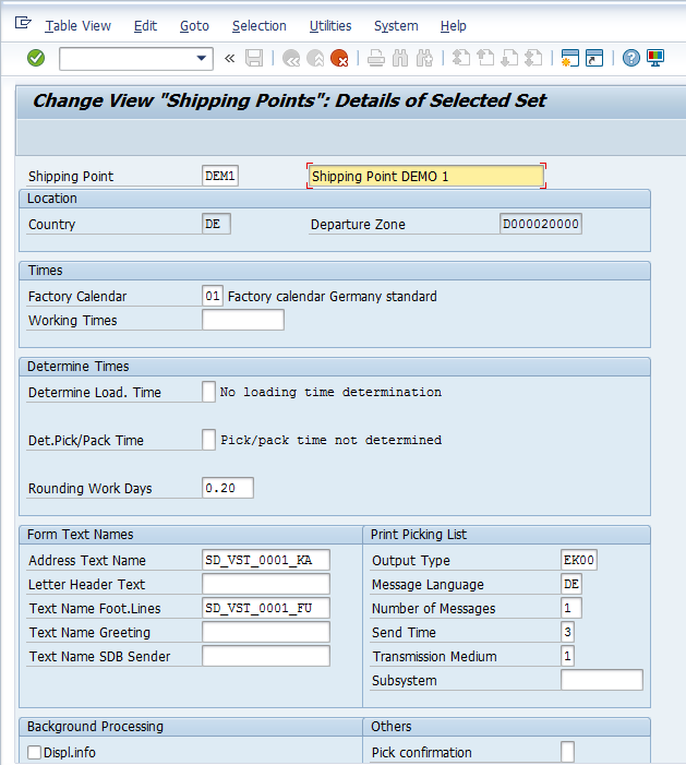 Shipping Point Configuration – Define Shipping Point > Modified Values