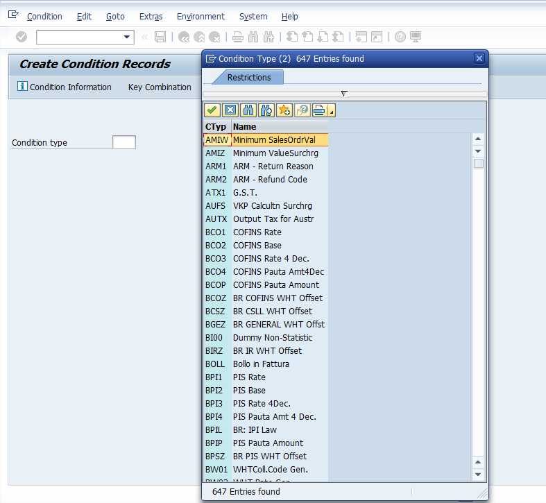 Pricing Condition Master Data - Initial Screen - List of Condition Types