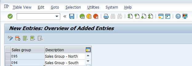 Sales Group Configuration – Defining Sales Group > New Entries (Example)
